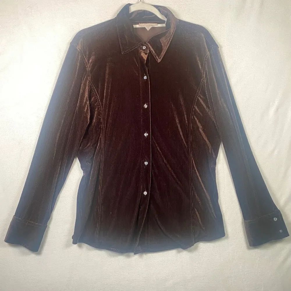 Express Tricot Vintage Brown Velour Ribbed Button Down Shirt Size L